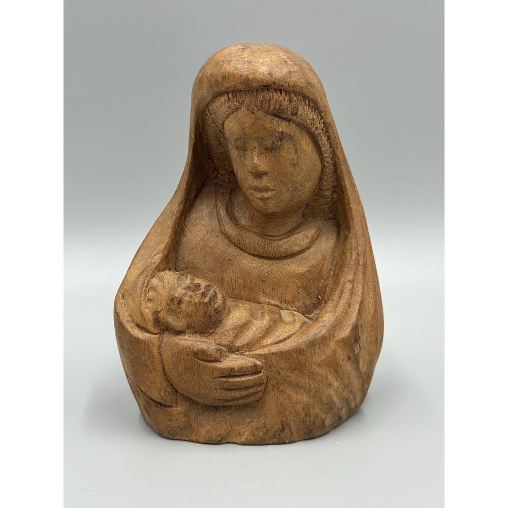 Hand Carved Wood Sculpture Folk Art Virgin Mary Statue & Jesus 5.25” Tall